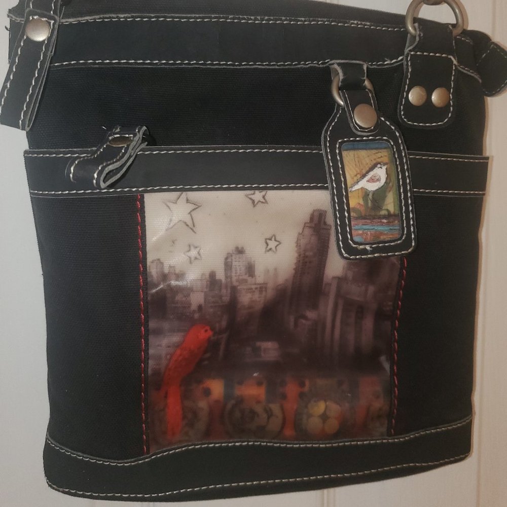 Black Sherpani Cross-body Bag with Kitschy Art on Front and Tab